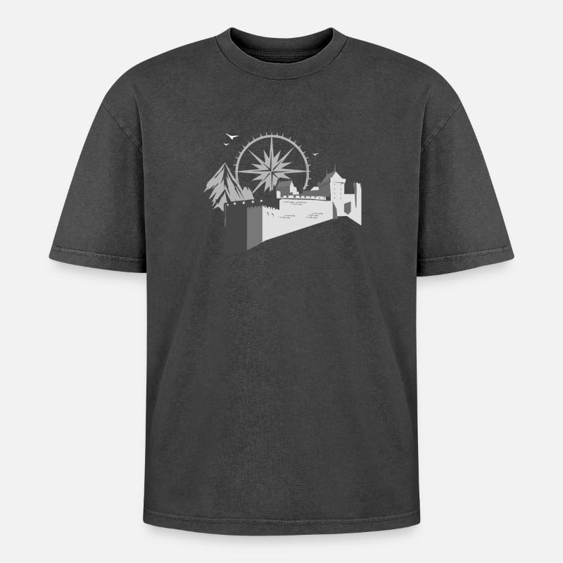 Castle with compass - Oversized Unisex Premium Acid-Washed T-Shirt - acid washed black