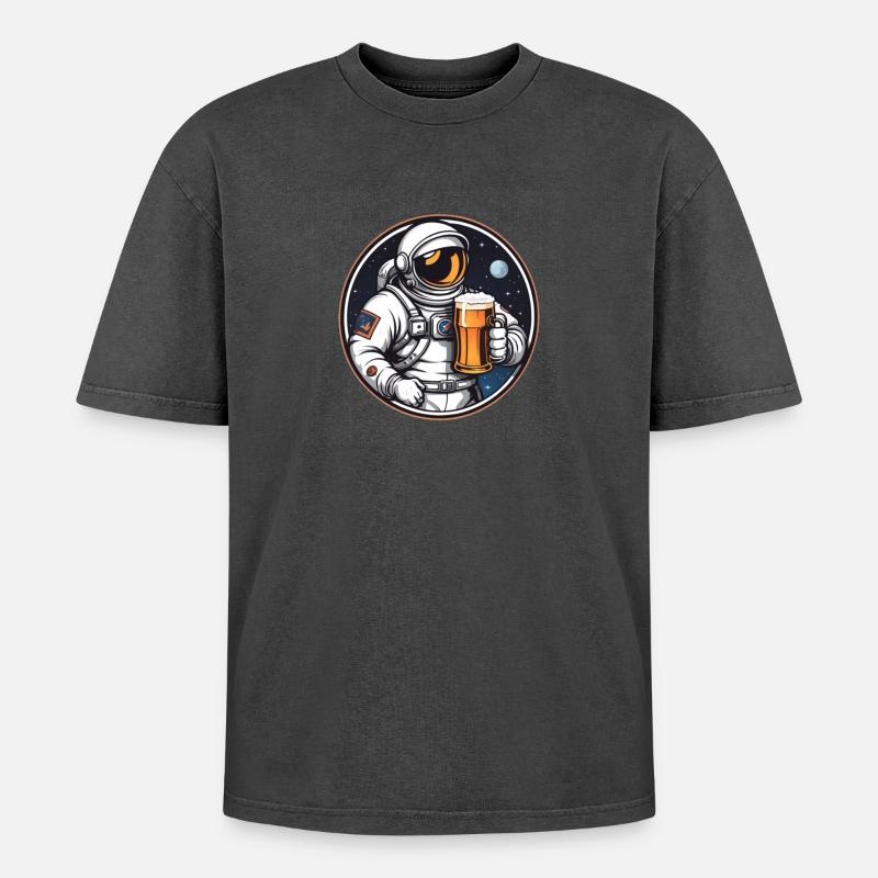Astronaut mit Bier im All - Oversized Unisex Premium Acid-Washed T-Shirt - Schwarz Acid Wash