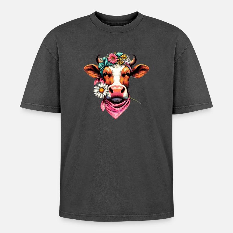 Kuh mit Blumen - Oversized Unisex Premium Acid-Washed T-Shirt - Schwarz Acid Wash