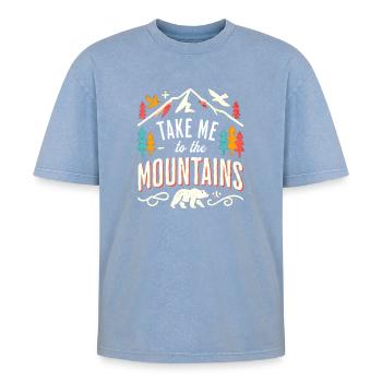 Take me to the Mountains - Oversized Unisex Premium Acid-Washed T-Shirt - Blau Acid Wash - Vorne - AI Model Female 172 dark (172cm) & AI Model Male 185 dark (185cm)