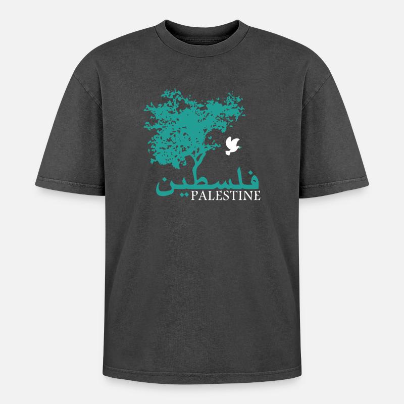 Olivetree Peace Palestine - Oversized Unisex Premium Acid-Washed T-Shirt - acid washed black