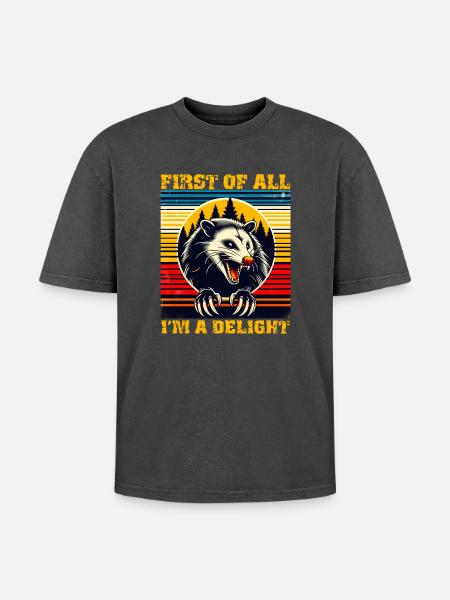 First Of All, I Am a Delight, Retro Opossum - Oversized Unisex Premium Acid-Washed T-Shirt - acid washed black