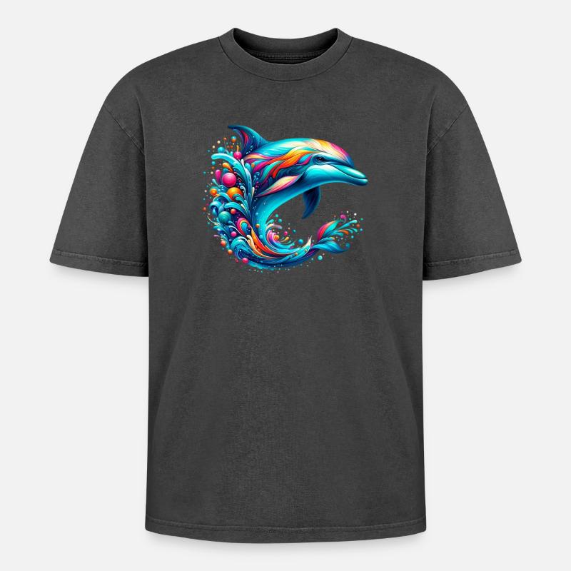Delfin - Oversized Unisex Premium Acid-Washed T-Shirt - Schwarz Acid Wash