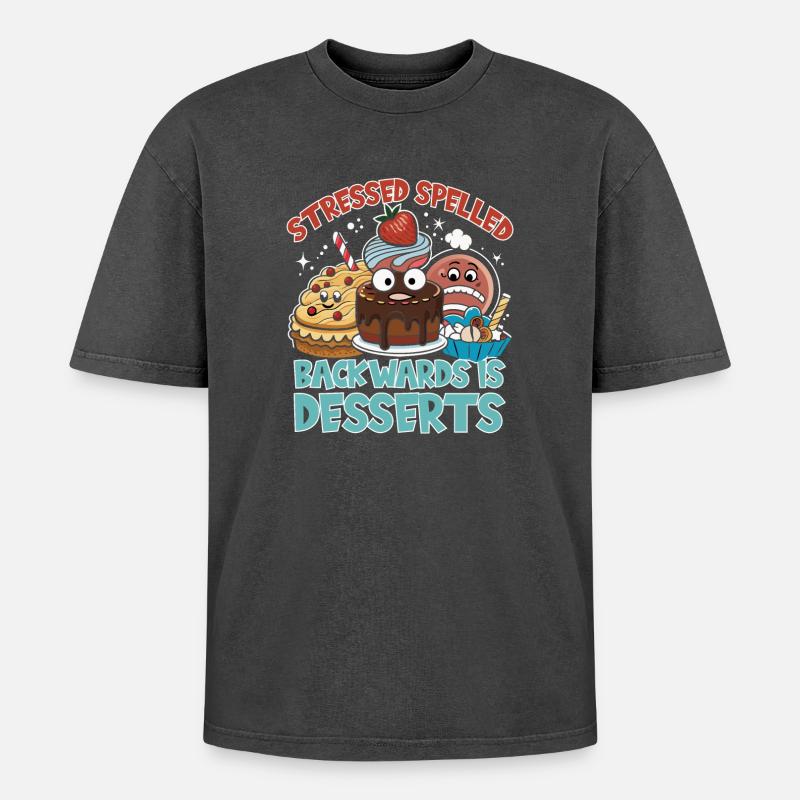 Stressed Spelled Backwards Desserts - Oversized Unisex Premium Acid-Washed T-Shirt - Schwarz Acid Wash