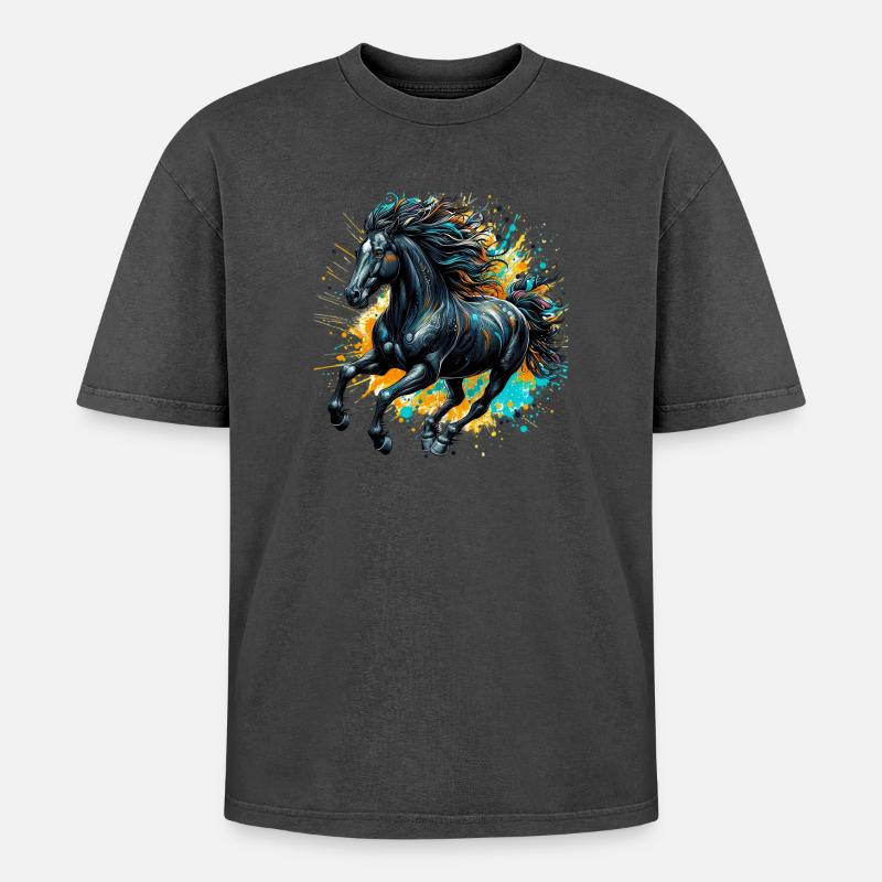 Pferd - Oversized Unisex Premium Acid-Washed T-Shirt - Schwarz Acid Wash