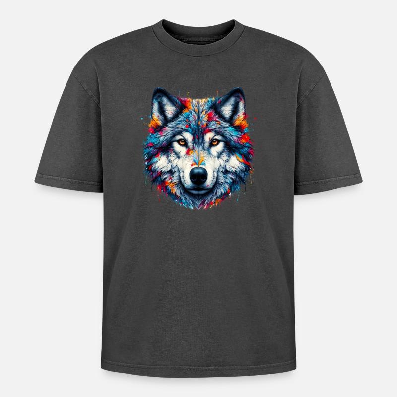 Wolf - Oversized Unisex Premium Acid-Washed T-Shirt - Schwarz Acid Wash