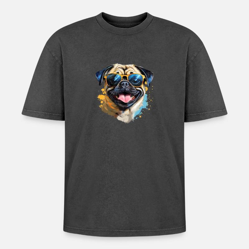 Mops mit Sonnenbrille - Oversized Unisex Premium Acid-Washed T-Shirt - Schwarz Acid Wash