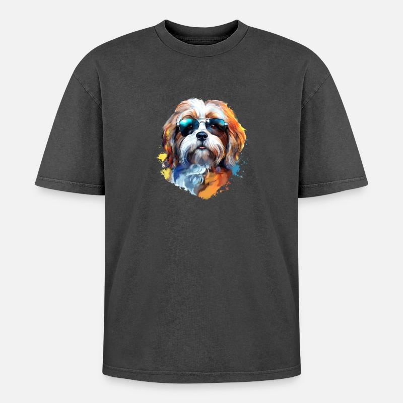 Lhasa Apso mit Sonnenbrille - Oversized Unisex Premium Acid-Washed T-Shirt - Schwarz Acid Wash