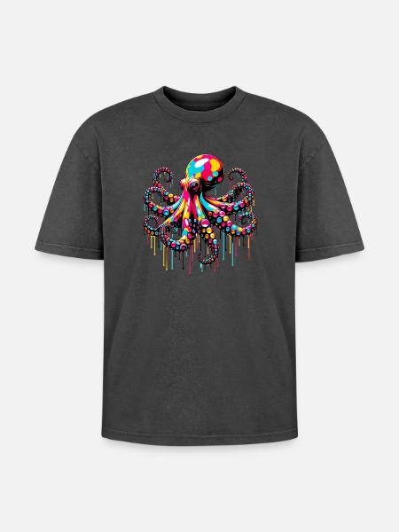 Octopus - Oversized Unisex Premium Acid-Washed T-Shirt - acid washed black