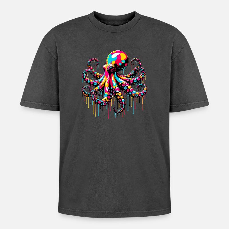 Krake - Oversized Unisex Premium Acid-Washed T-Shirt - Schwarz Acid Wash