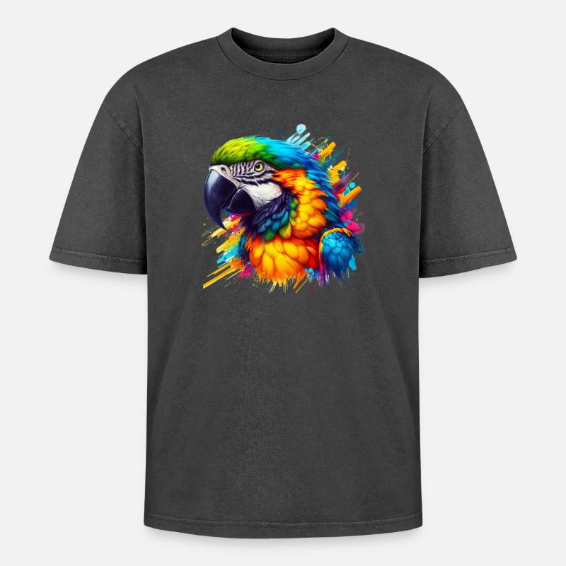 Papagei - Oversized Unisex Premium Acid-Washed T-Shirt - Schwarz Acid Wash