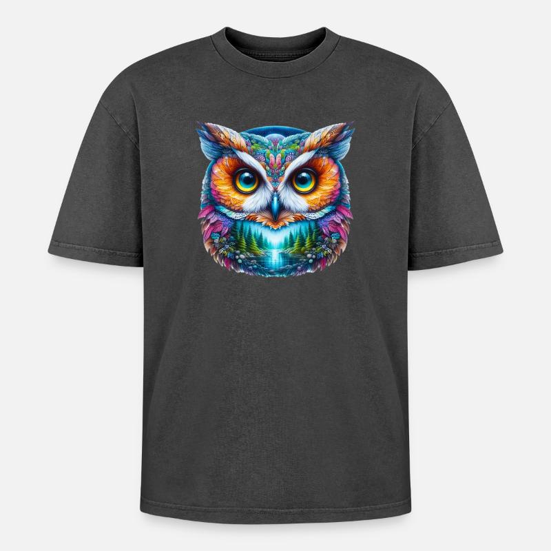 Eule - Oversized Unisex Premium Acid-Washed T-Shirt - Schwarz Acid Wash