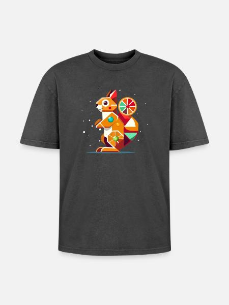 Geometrisches Eichhörnchen-farbenfroher Hingucker - Oversized Unisex Premium Acid-Washed T-Shirt - Schwarz Acid Wash