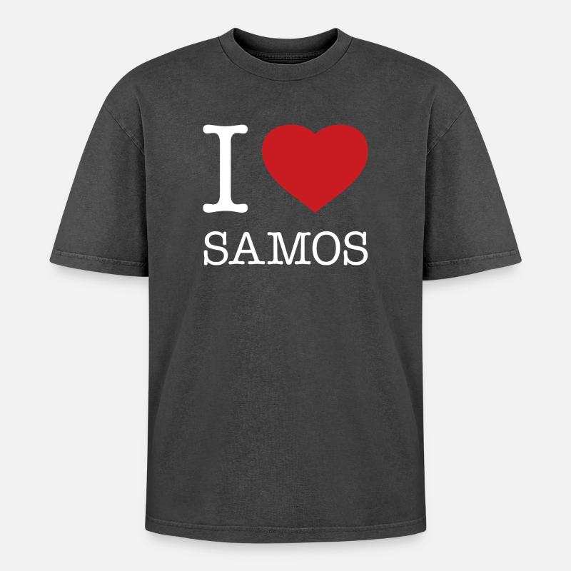 I LOVE SAMOS - Oversized Unisex Premium Acid-Washed T-Shirt - acid washed black