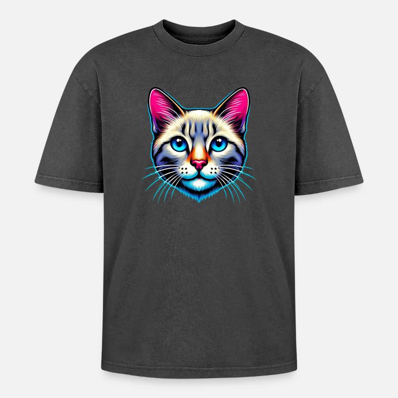 Katze - Oversized Unisex Premium Acid-Washed T-Shirt - Schwarz Acid Wash