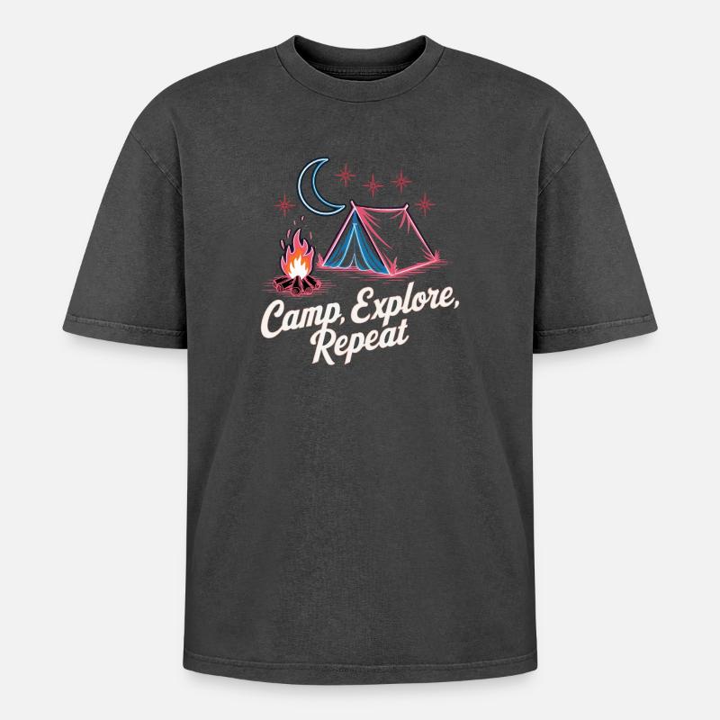 Camp Explore Repeat - Oversized Unisex Premium Acid-Washed T-Shirt - acid washed black