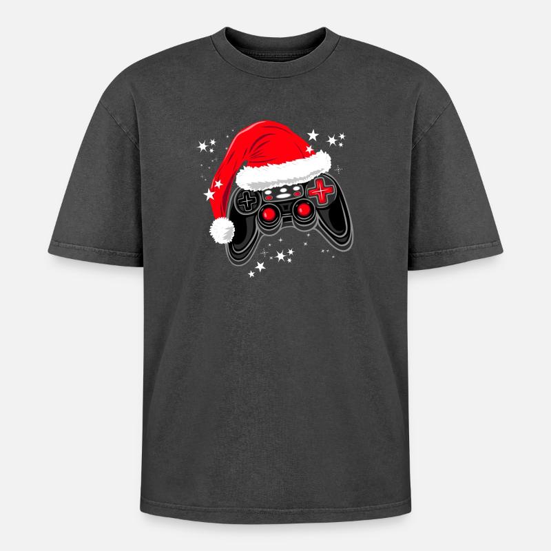 Gaming controller with Santa hat - Oversized Unisex Premium Acid-Washed T-Shirt - acid washed black