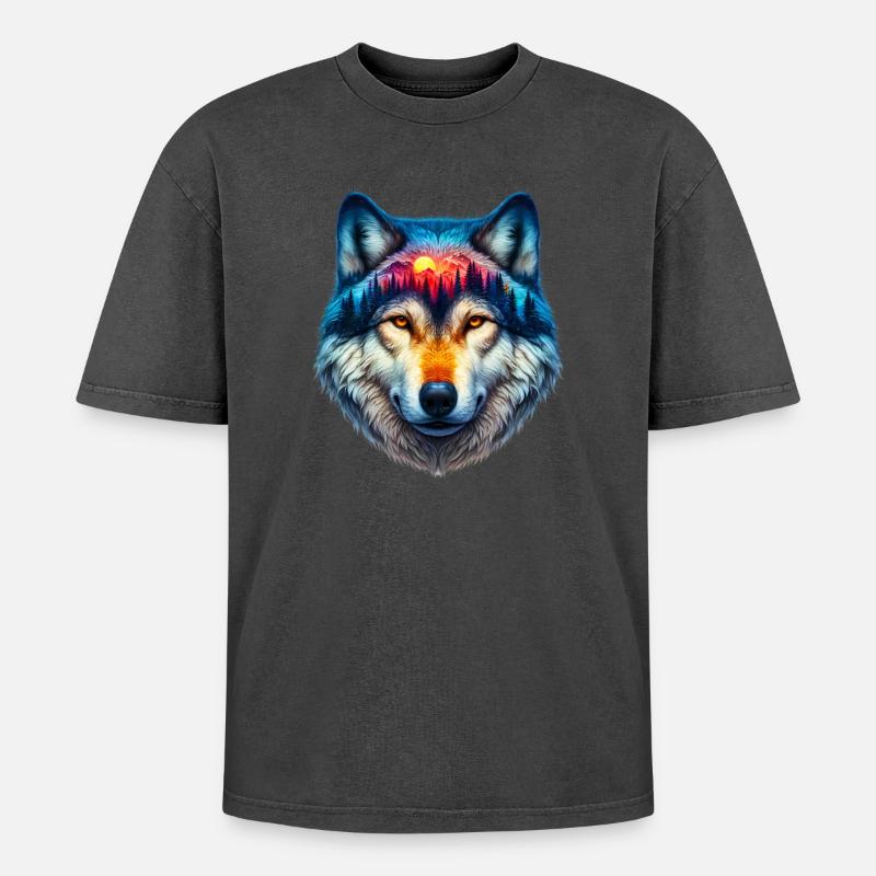 Wolf - Oversized Unisex Premium Acid-Washed T-Shirt - Schwarz Acid Wash