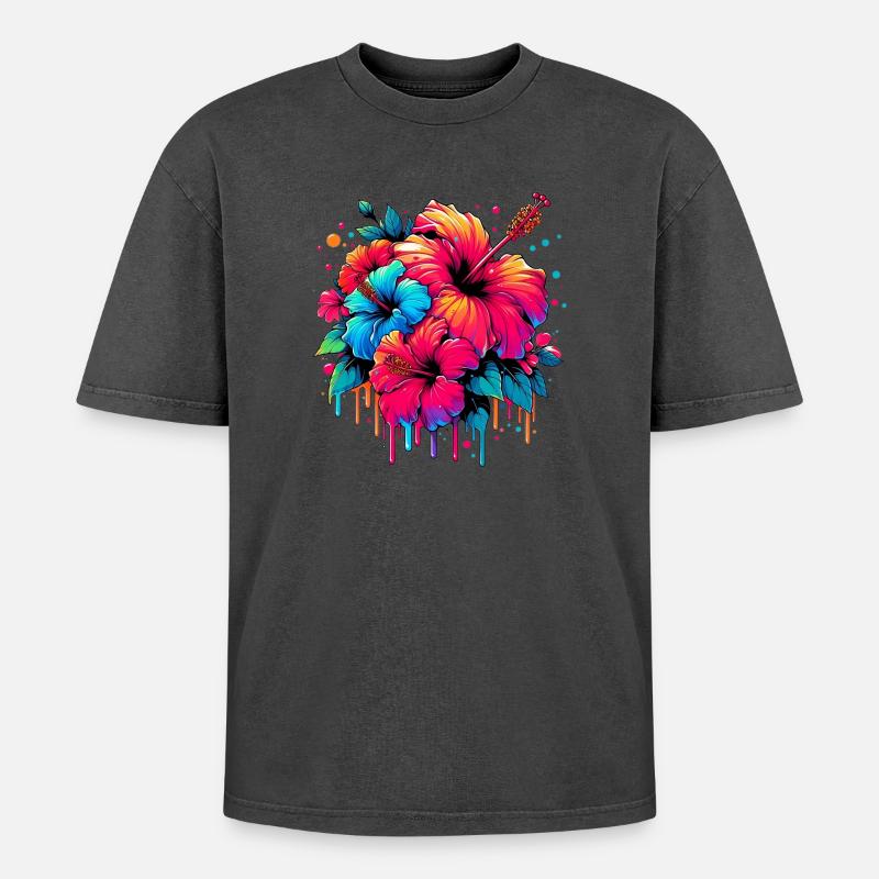 Fleurs d’hibiscus - T-shirt Premium unisexe oversize acid-washed - noir délavé acide