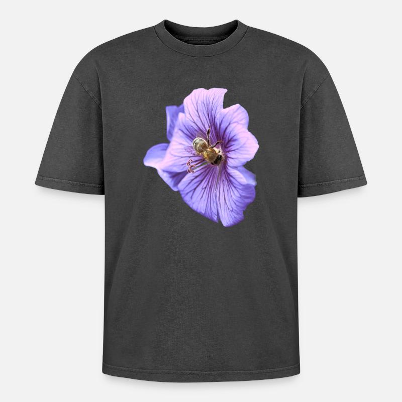 Violette Blüte mit Biene - Oversized Unisex Premium Acid-Washed T-Shirt - Schwarz Acid Wash