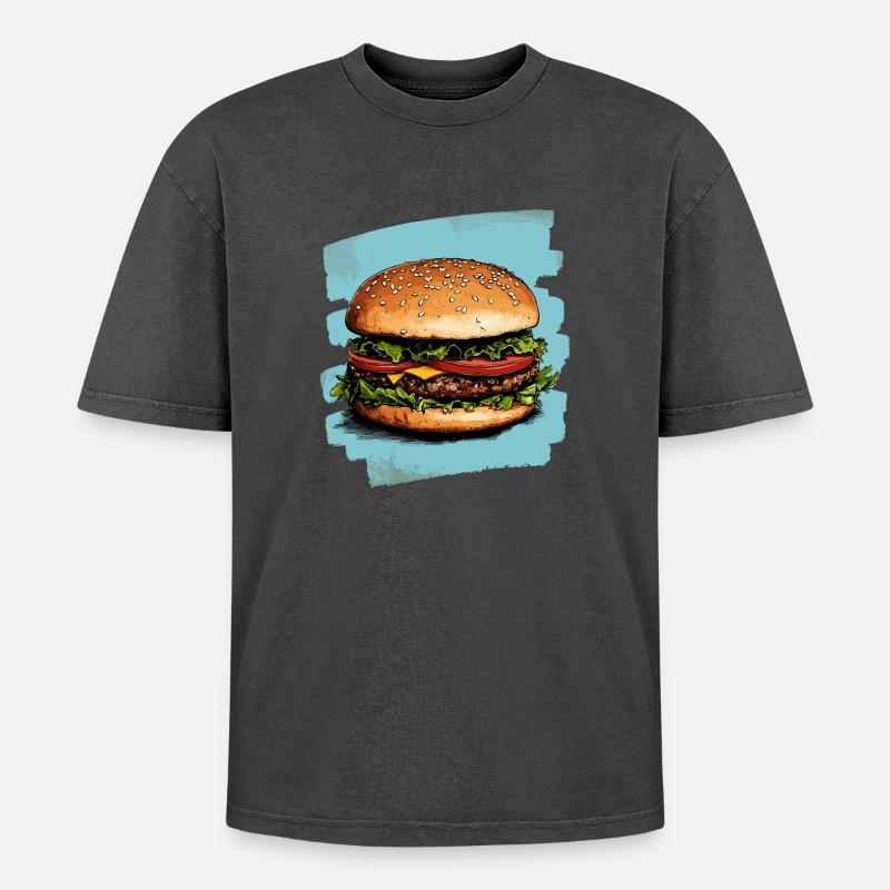 Burger Retro - Oversized Unisex Premium Acid-Washed T-Shirt - Schwarz Acid Wash