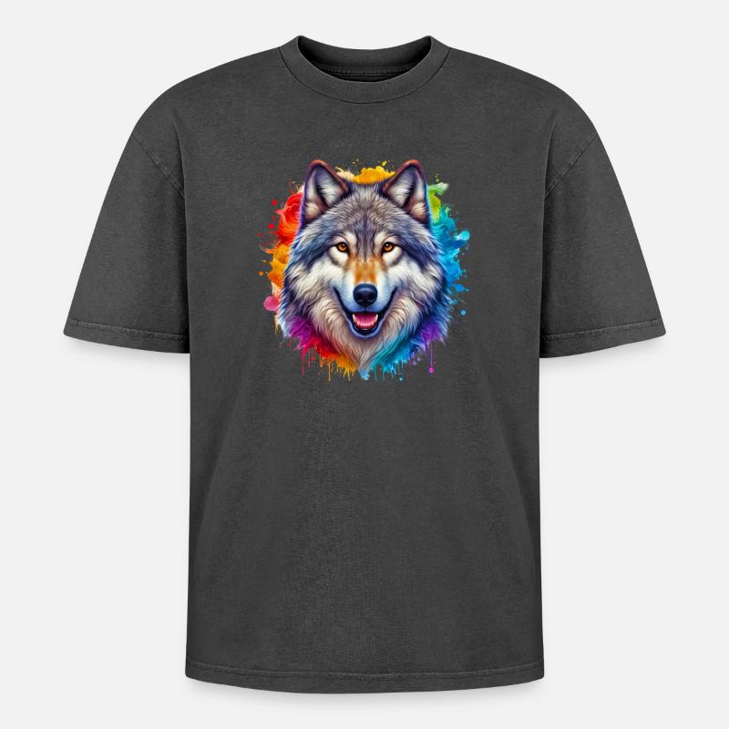 Wolf - Oversized Unisex Premium Acid-Washed T-Shirt - Schwarz Acid Wash