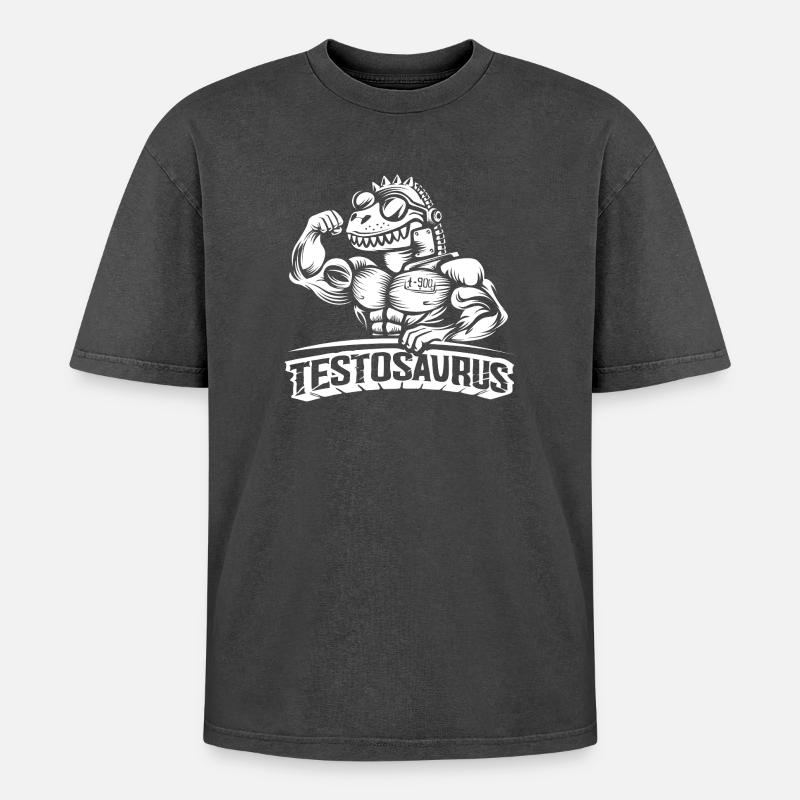 Testosaurus – Der muskulöse Cybersaurus - Oversized Unisex Premium Acid-Washed T-Shirt - Schwarz Acid Wash