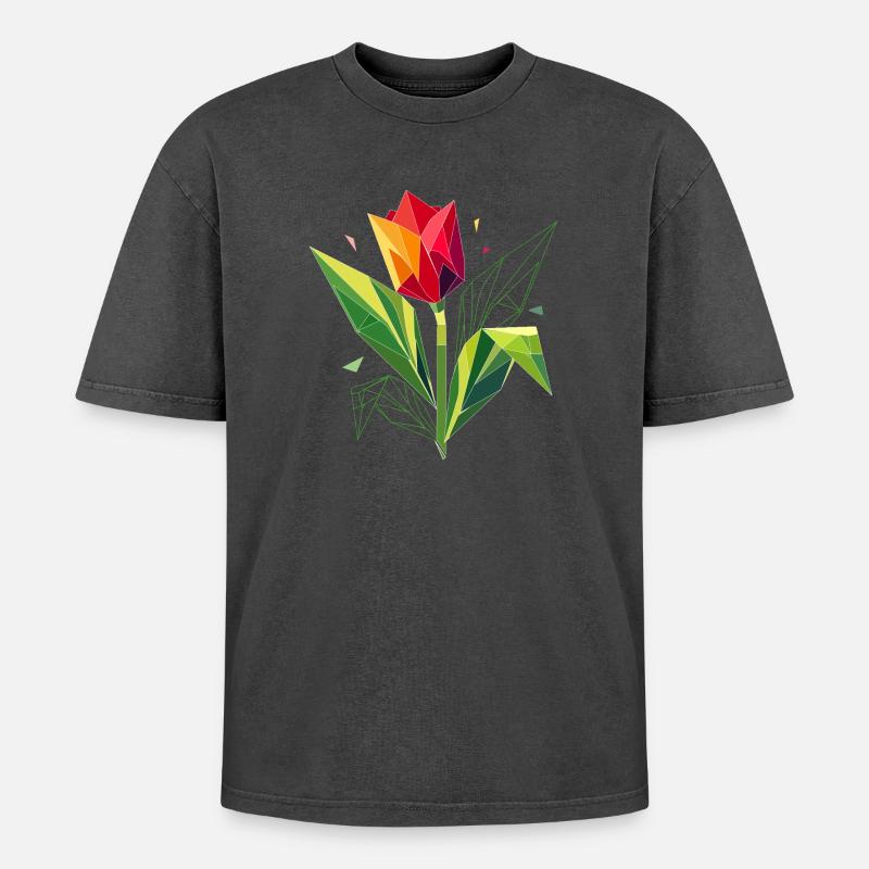 Geometric tulip – elegance in polygons - Oversized Unisex Premium Acid-Washed T-Shirt - acid washed black