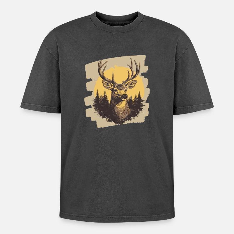 Hirsch mit Geweih - Oversized Unisex Premium Acid-Washed T-Shirt - Schwarz Acid Wash