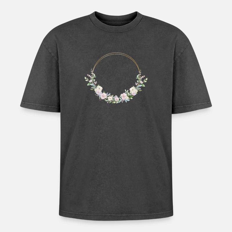 Spring Wreath - Personalizable - Oversized Unisex Premium Acid-Washed T-Shirt - acid washed black