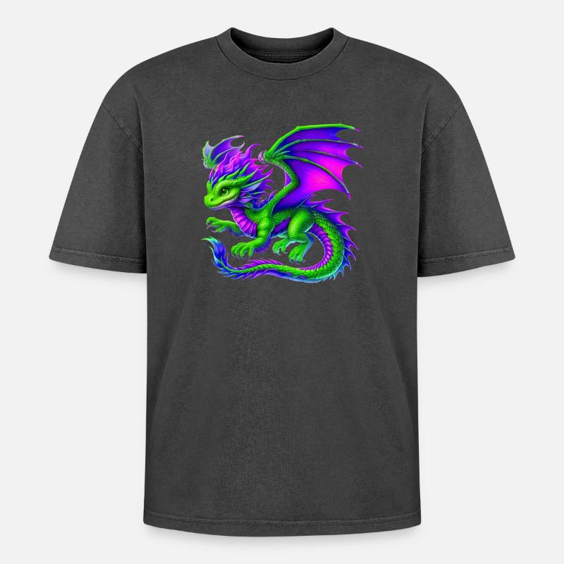 Drache - Oversized Unisex Premium Acid-Washed T-Shirt - Schwarz Acid Wash