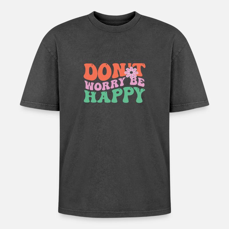 Mach Dir Keine Sorgen – Happy - Oversized Unisex Premium Acid-Washed T-Shirt - Schwarz Acid Wash