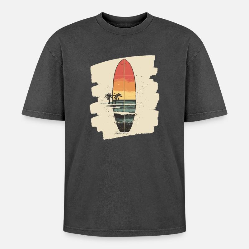 Surfbrett - Oversized Unisex Premium Acid-Washed T-Shirt - Schwarz Acid Wash