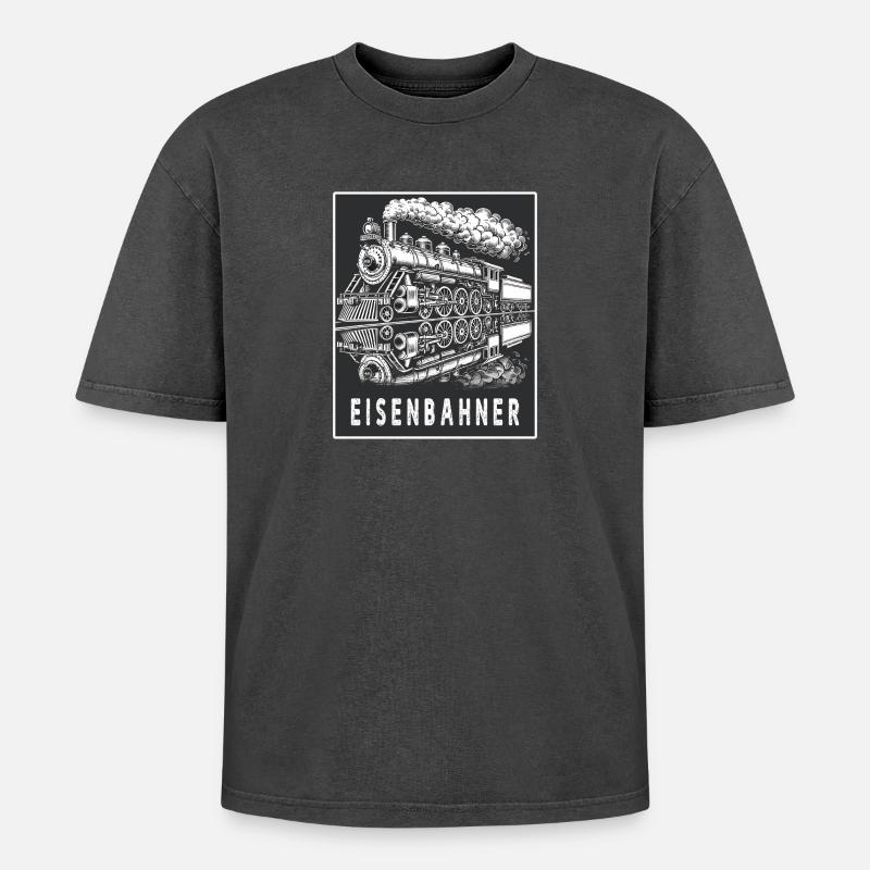 Dampflok Eisenbahner Retro - Oversized Unisex Premium Acid-Washed T-Shirt - Schwarz Acid Wash