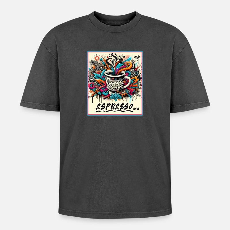 Espresso Graffiti Coffee Design - Oversized Unisex Premium Acid-Washed T-Shirt - acid washed black
