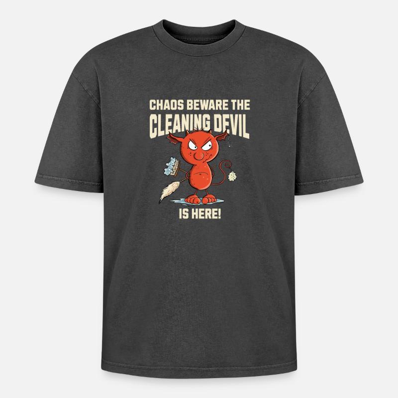 Funny Cleaning Devil Cleaning Cleaner Saying - Oversized Unisex Premium Acid-Washed T-Shirt - acid washed black