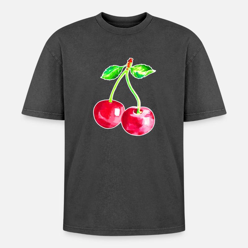 Kirsche, Rote Kirschen - Oversized Unisex Premium Acid-Washed T-Shirt - Schwarz Acid Wash