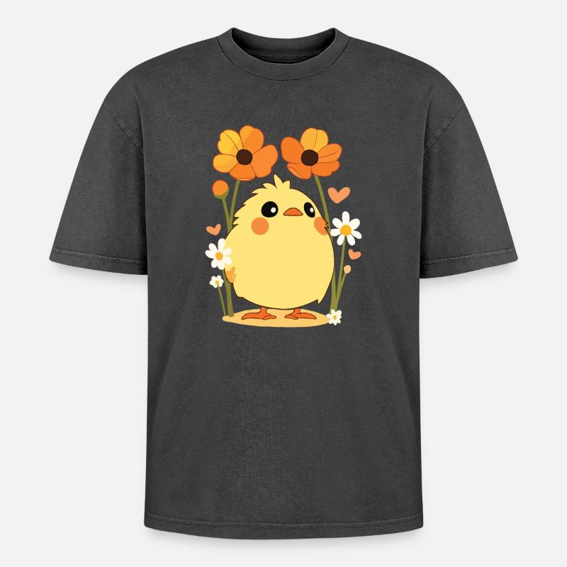 Chick, Spring, Flowers, Summer, Easter, Garden - Oversized Unisex Premium Acid-Washed T-Shirt - acid washed black