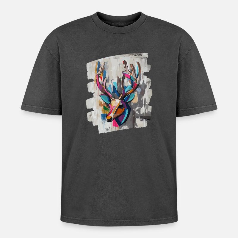 Hirsch mit Geweih - Oversized Unisex Premium Acid-Washed T-Shirt - Schwarz Acid Wash