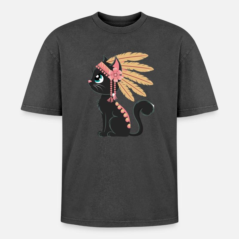 Boho Feather Cat - Oversized Unisex Premium Acid-Washed T-Shirt - acid washed black