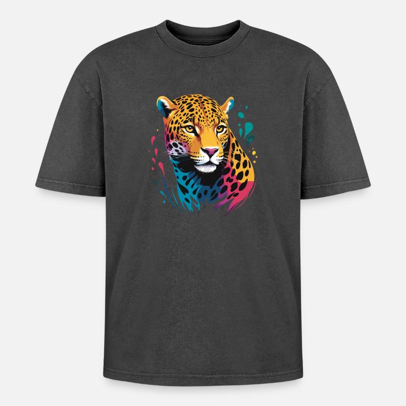 Jaguar Kopf GERENDERT - Oversized Unisex Premium Acid-Washed T-Shirt - Schwarz Acid Wash