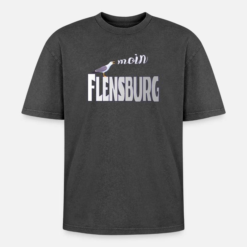 Flensburg Möwe & Moin Design - Oversized Unisex Premium Acid-Washed T-Shirt - Schwarz Acid Wash