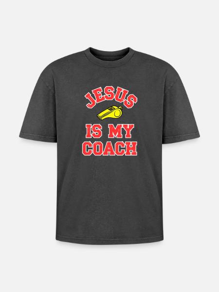 Jesus as a Coach Motivational Design - Oversized Unisex Premium Acid-Washed T-Shirt - acid washed black