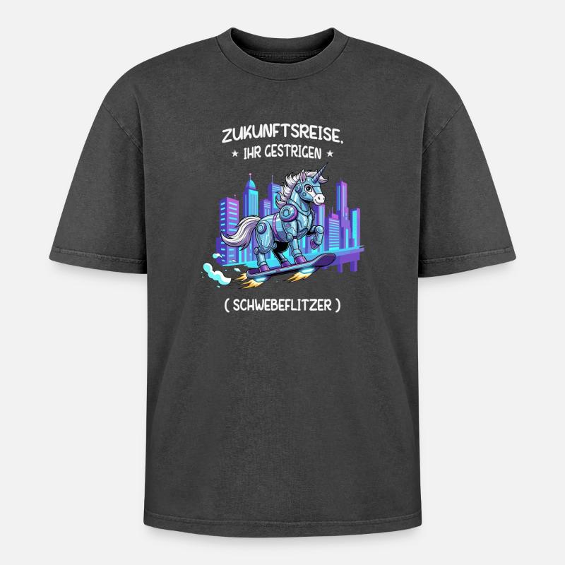Cyber-Einhorn-Reise - Oversized Unisex Premium Acid-Washed T-Shirt - Schwarz Acid Wash