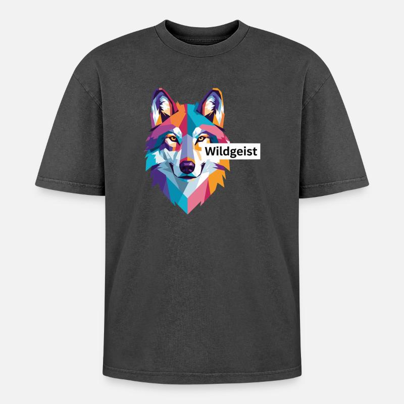 Farbiger Wolfskopf "Wildgeist" - Oversized Unisex Premium Acid-Washed T-Shirt - Schwarz Acid Wash
