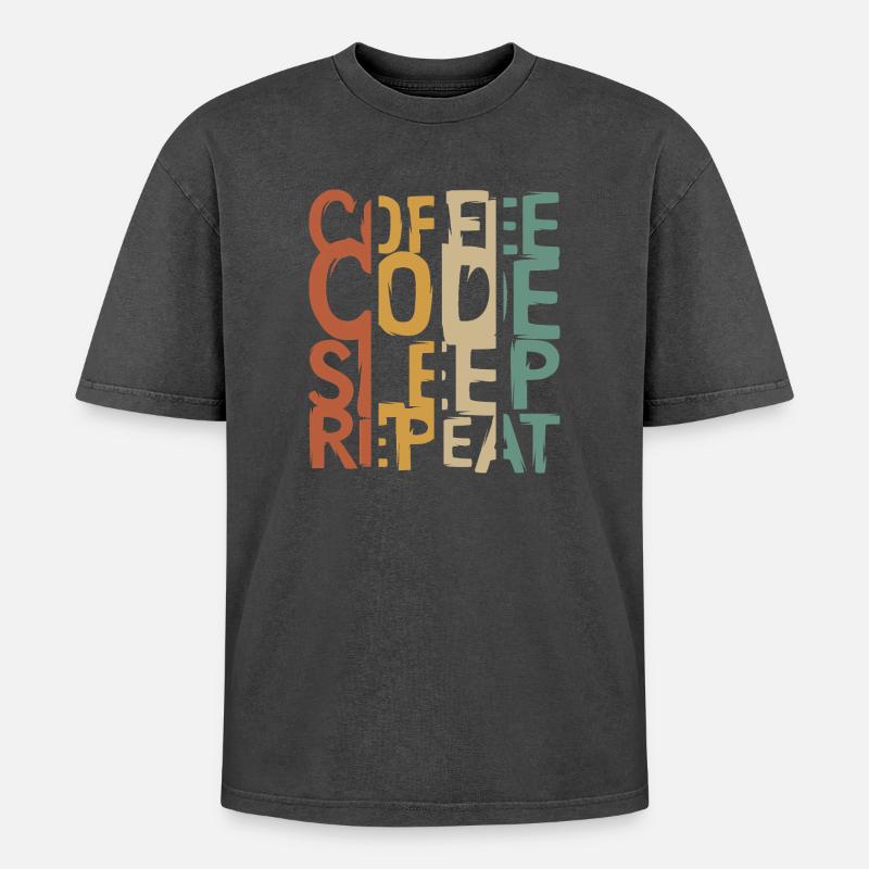 Coffee Code Sleep Repeat – Entwickler Design - Oversized Unisex Premium Acid-Washed T-Shirt - Schwarz Acid Wash