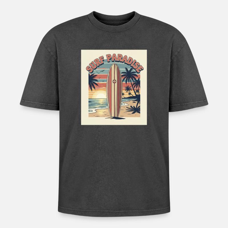Surf Paradies Retro Design - Oversized Unisex Premium Acid-Washed T-Shirt - Schwarz Acid Wash