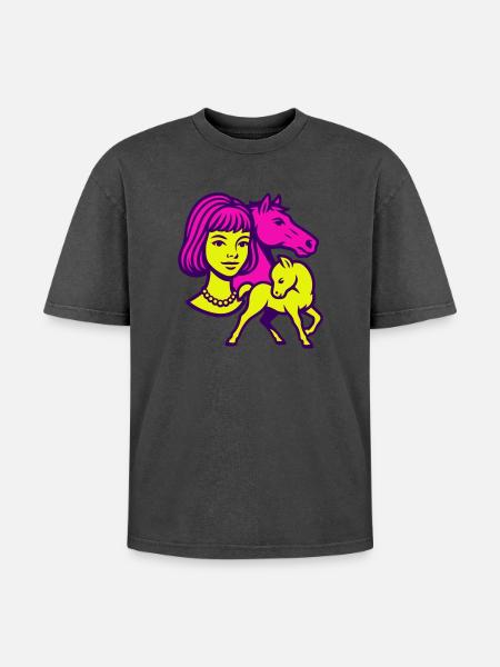 Pferdemädchen Pop-Art - Oversized Unisex Premium Acid-Washed T-Shirt - Schwarz Acid Wash