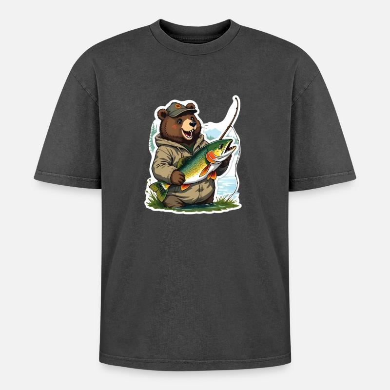 Anglerbär mit Forelle - Oversized Unisex Premium Acid-Washed T-Shirt - Schwarz Acid Wash