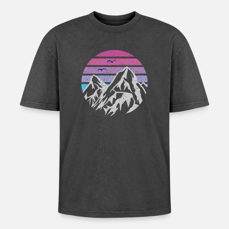 Berge Retro Sonne - Oversized Unisex Premium Acid-Washed T-Shirt - Schwarz Acid Wash